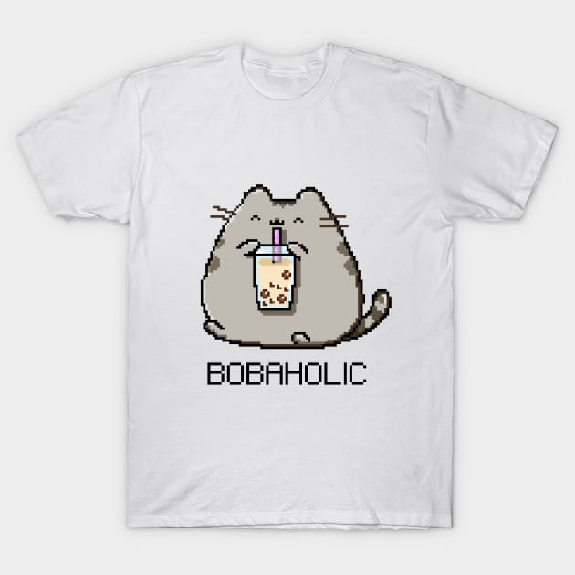 Bobaholic Pixel Chubby Cat Loves Boba Tea! T-Shirt by SirBobalot